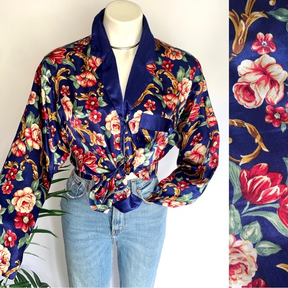 v i n t a g e :: Silky Floral Satin Flowy Pajama Blouse - Picture 2 of 10